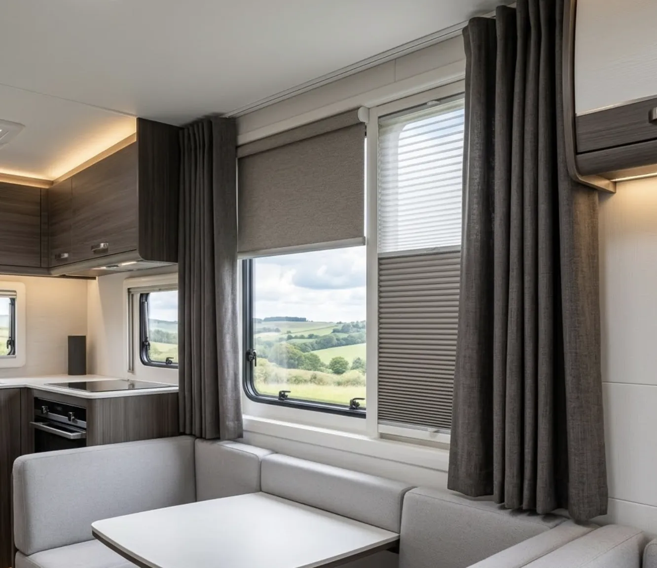 Caravan interior with made-to-measure blinds and curtains overlooking the countryside